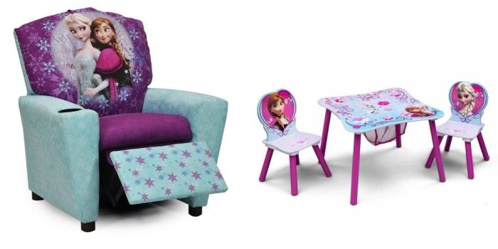kar kraliçesi dekorasyon, Dondurulmuş tasarım mobilyalar, Elsa ve Anna tasarımında küçük masa ve sandalyeler ile mavi ve mor küçük koltuk