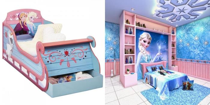 kız gardırobu, duvarları beyaz fayans ve parlak mavi halı ile donmuş tasarım duvar kağıdıyla kaplı çocuk odası