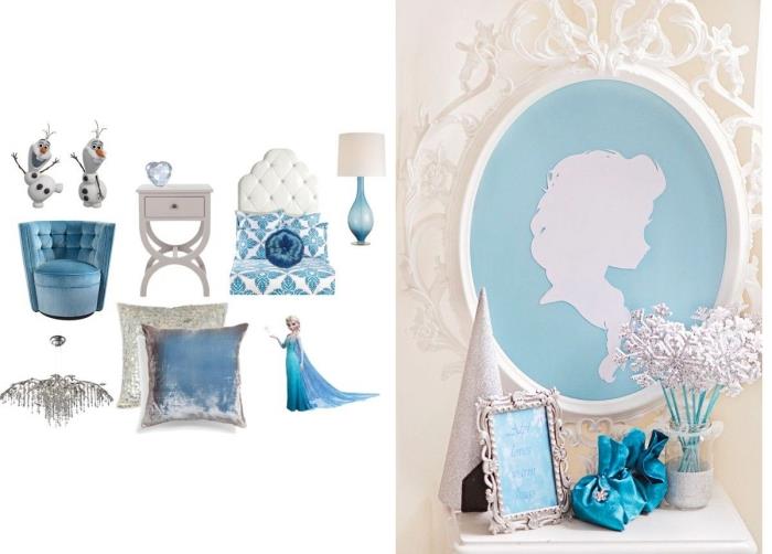 kar kraliçesi heykelcik, vintage tasarım fotoğraf çerçevesi, mavi ve bej kadife dekoratif yastık, arkası düğmeli mavi koltuk