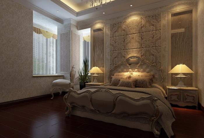 romantik yatak odası, manyetik aydınlatma, büyük barok yatak, muhteşem başucu lambaları