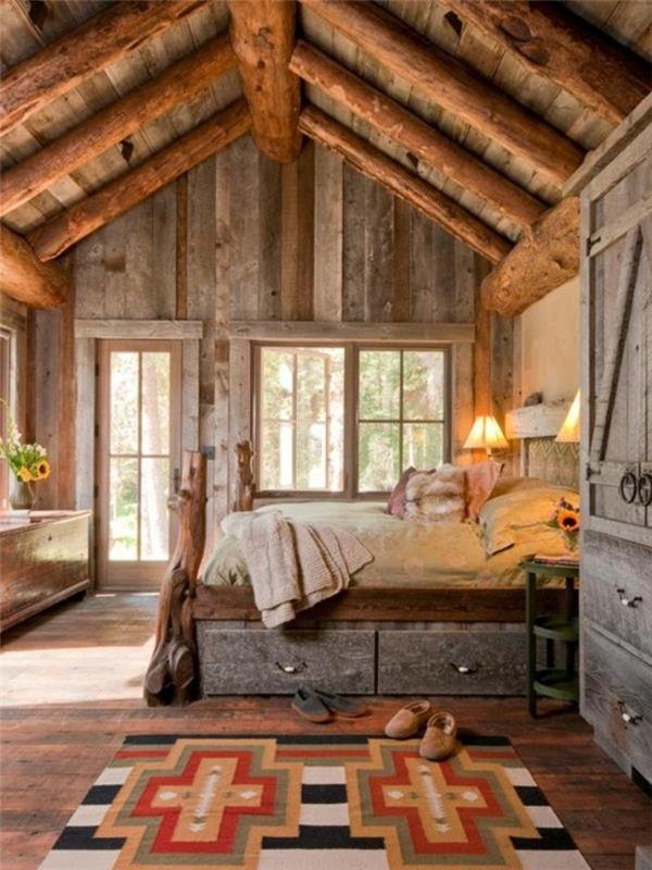 kaimiškas-miegamasis-natūralaus-žaliavinio medžio spalvos kilimas-romantiškas-naktinis šviestuvas