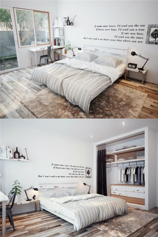 skandinaviškas miegamasis-siena-balti dažai-patalynės kampas-baltas ir pilkas-parketas-kilimas-kailio imitacija