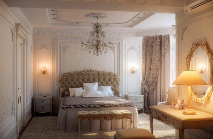 romantiškas pagrindinio miegamojo dekoras, barokinis veidrodis, abažūrė, miegamoji sofa, barokinė galvūgalis