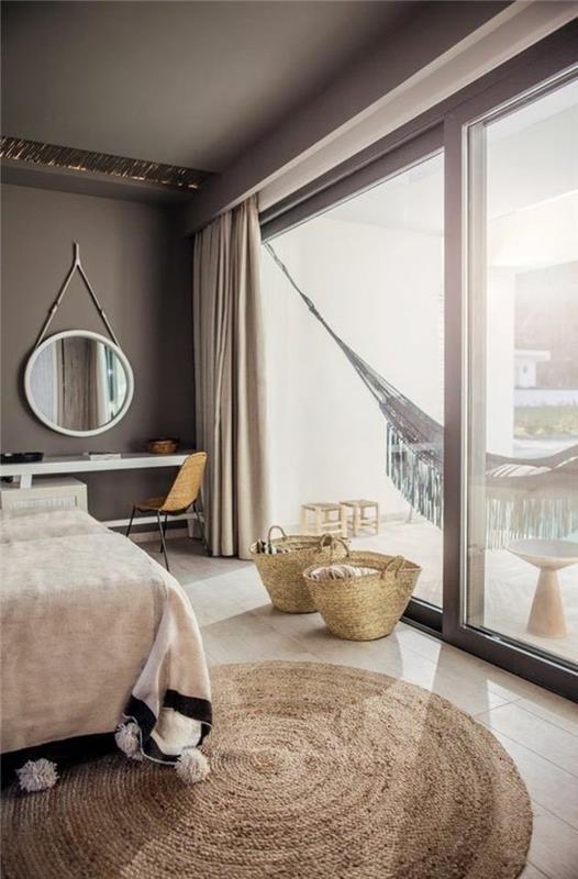 Fotoğraf modern yetişkin yatak odası iç çağdaş tasarım terasta hamak serin yuvarlak halı deco doğa ilham