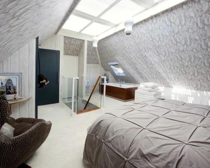 gri yatak odası, koza koltuk, açık renklerde fantastik çatı katı düzeni
