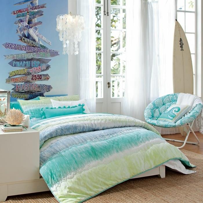 barvne ideje za spalnico, okrogel stol, akvarijski dekor, posteljna prevleka v morskih barvah