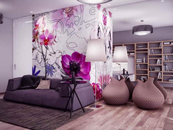 vijolična-spalnica-vijolična-dnevna soba-in-minimalistična polica