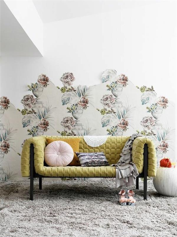 chantemur-tapetai-su-gėlių raštais-smėlio spalvos kilimas-prašmatnus-interjero baldai