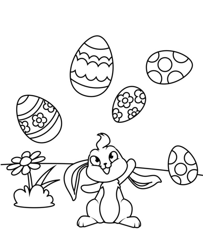 lengvas vaikų darželio spalvinimo puslapis su zuikiu ir dekoruotais kiaušiniais, paprasta iliustracijos idėja spausdinti ir spalvinti vaikams