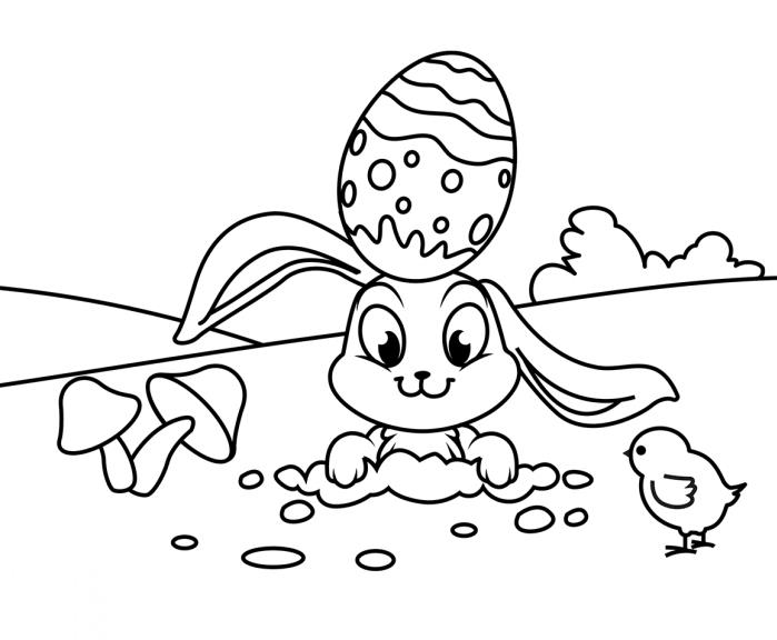 tavşan ve dekore edilmiş yumurta ile yazdırılması ve renklendirilmesi kolay paskalya yumurtası çizim şablonu, çocuklar için basit boyama fikri