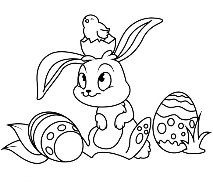 küçükler için kolay paskalya boyama şablonu, küçük tavşan ve onun küçük kuş arkadaşı ile paskalya temalı yazdırılabilir çizim