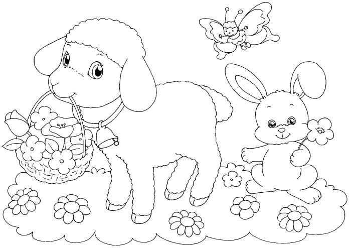 lengvas dažymas vaikams Velykų tema, spalvinimo paveikslėlis su mažu zuikiu ir jo draugu mažu ėriuku