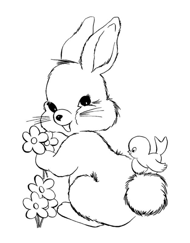 paskalya tavşanı örneği çocuklar için yazdırması kolay çizim, gülümseyen tavşan ve küçük tavukla kolay boyama