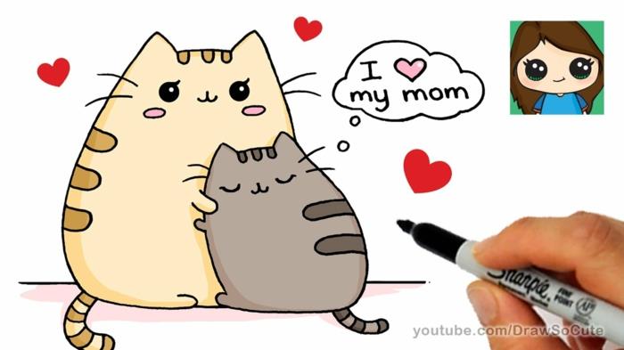 Mielas kačiukas su mama mamos dienos įvaizdžiu, laimingos mamos dienos spalvinimo puslapiai paprasti ir paprasti