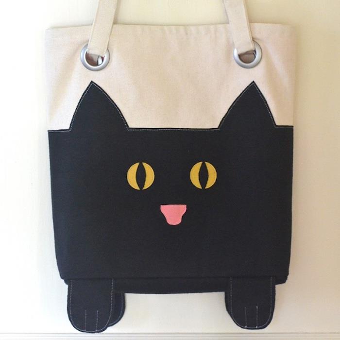 Sevimli siyah kedi çizimi, kumaş çanta seçimi, yeni başlayanlar için kendin yap dikiş, kendin yap küçük bir kız çantası örneği ile bez çanta eğitimi