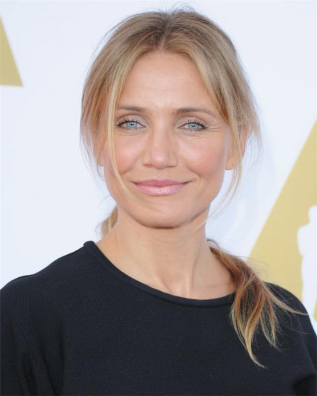 šviesiai ruda plaukų spalva, kokią plaukų spalvą pasirinkti, Cameron Diaz, mėlynos akys, išsiskyrimas viduryje, užuolaidų tipo kirpčiukai