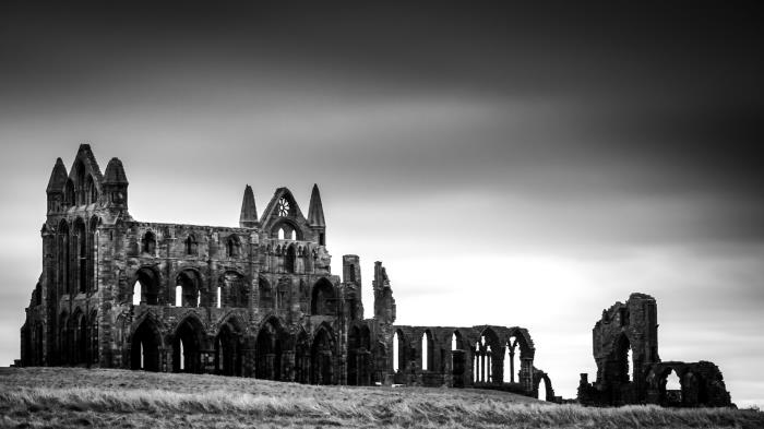 nostalgična črno -bela pokrajina s pogledom na ruševine opatije Whitby v Angliji na ozadju sivega neba