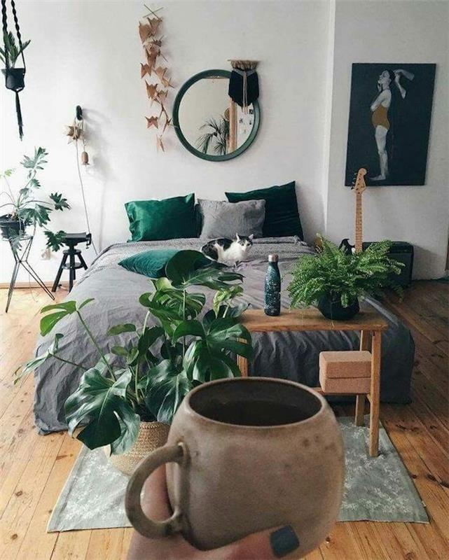Okrogla skodelica za kavo v vintage stilu, dekoracija zelenih rastlin, mačka na postelji, moderna dekoracija spalnice, skandinavska dekoracija spalnice za odrasle