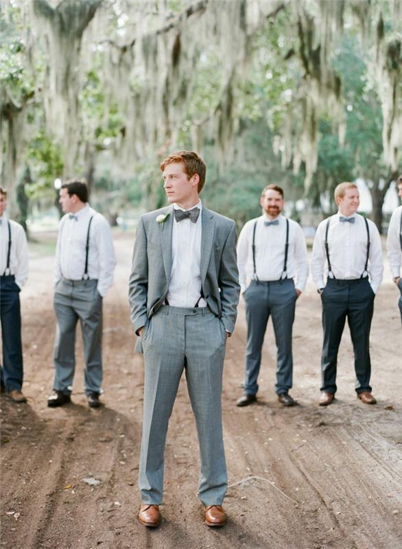 vyriški vestuviniai batai, pilkas kostiumas, balti marškiniai, peteliškė ir petnešos