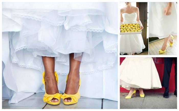 kadınlar için düğün ayakkabıları, kadınlar için düğün ayakkabıları, limon sarısı düğün pompaları, arkada çok orijinal fırfırlar