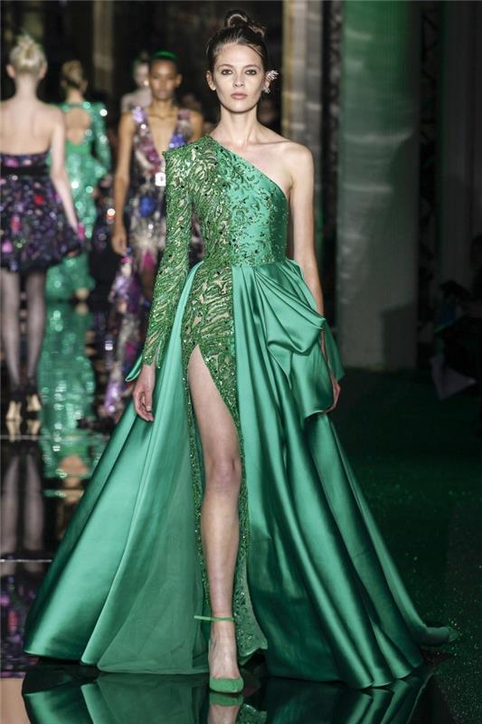 asimetrik tasarımlı, uzun kollu ve fırfırlı yeşil etekli resmi tören gece elbisesi fikri