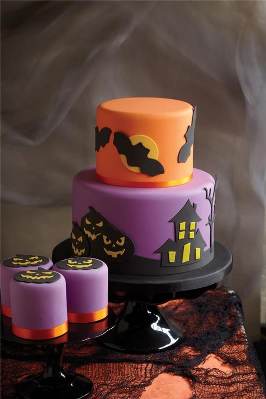 yarasa fondan siyah gıda boyası küçük kek cadılar bayramı perili ev balkabağı jack o lantern