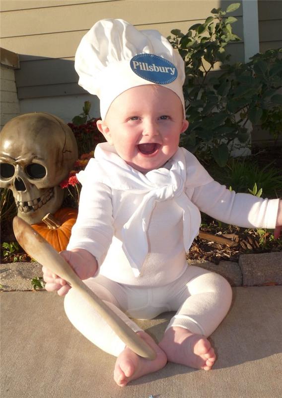 Pasta şefi erkek bebek kostümü, bebek cadılar bayramı kostümü, şef şapkalı beyaz kostüm