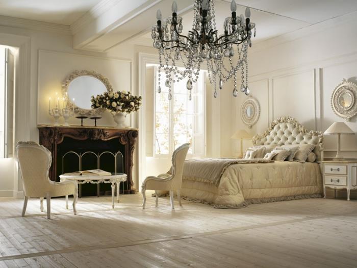 beyaz duvarlar ve tavan ile yatak odasında ekru renginin barok ve vintage tarzda dekorasyon ile nasıl bütünleştirileceği