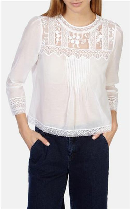 Karen Millen yuvarlak yakalı beyaz dantelli kadın bluzu