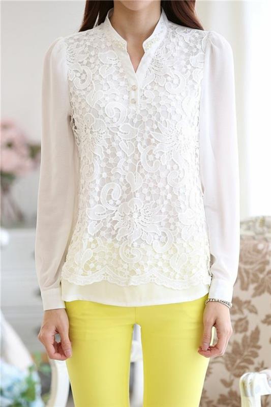dantel V yakalı kadın gömleği, çok küçük sarı pantalı günlük stil