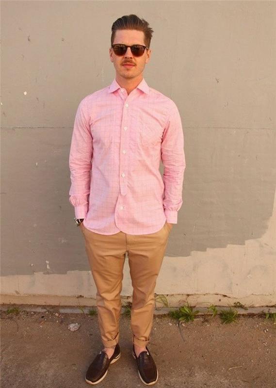 hipster moška roza majica z bež chinon dolgimi rokavi