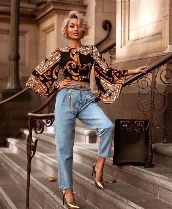 Momjeans ve şık gömlek, havuç kot pantolon ve topuklu nasıl giyilir, kadınlar için ekose pantolon, havuç pantolon giymek