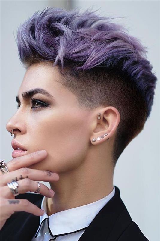 trumpas kirpimo moters modelis originali tendencija punk trumpų šonų violetinė viršutinė dalis