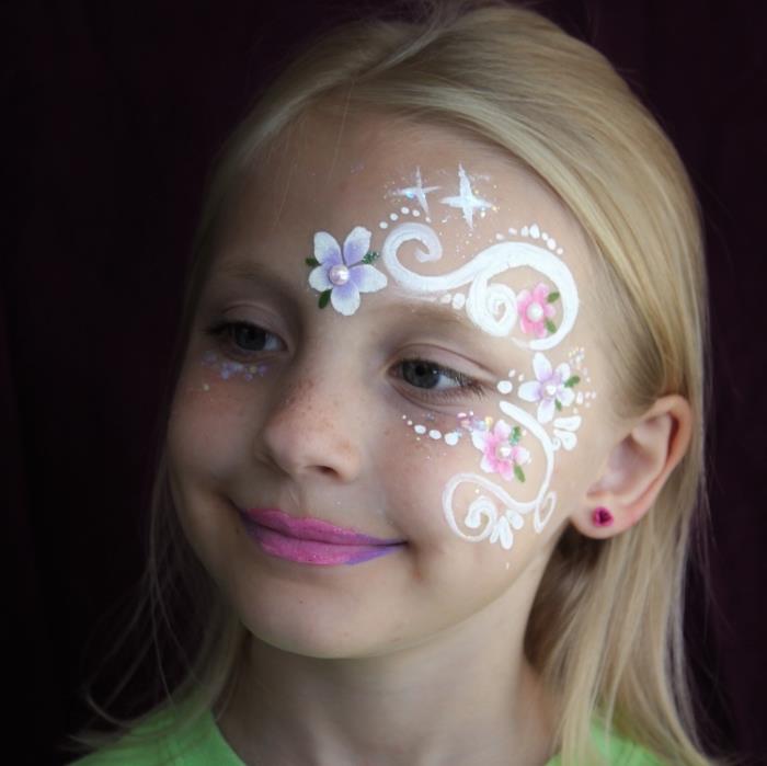 kako narisati enostaven vzorec na otrokov obraz za pustovanje, enostavna otroška ličila s cvetličnim učinkom