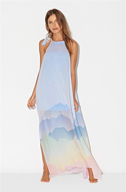 modernios vasaros vasaros drabužių idėja su šviesia pastelinių spalvų suknele, ilgos suknelės modeliu vasarai