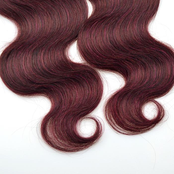 bordo lasje, lasni podaljški v kodrastih rdečih odtenkih, dodatki na sponke, rdeča barva
