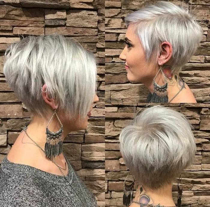 kratka ženska frizura, sivi lasje, večplastne in zožene ključavnice na ličnicah, izbočeni učinek po višini na zatilju, frizura v elegantnem hipsterskem slogu