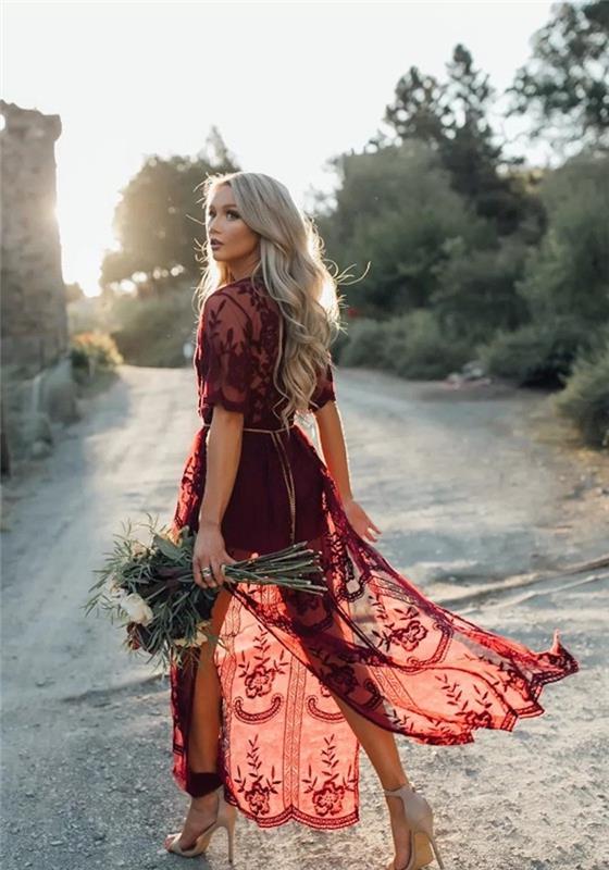 Bohemiška ilga suknelė ilgažiedė suknelė pudra rožinė ilga suknelė graži raudona suknelė paplūdimio vestuvinė suknelė moteris bohemiška vestuvinė suknelė