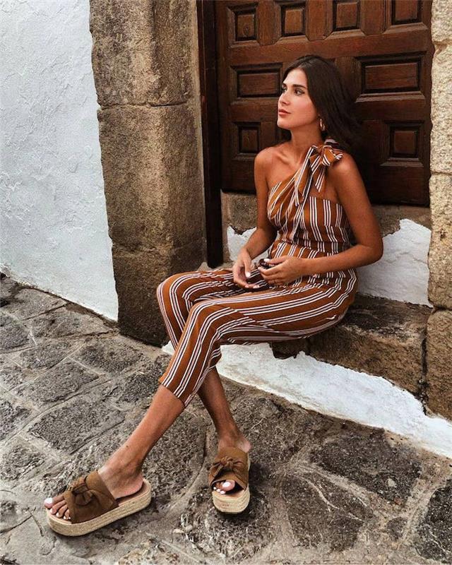 Çizgili Off Omuz Tulum, Tatil Kıyafeti, Şık Kadın Dökümlü Pantolon, Modern Kadın Chinos