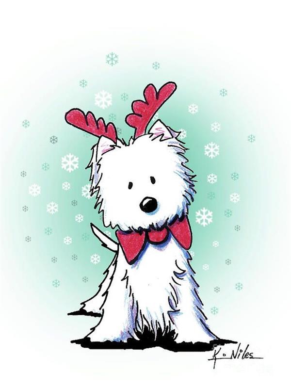 Noel köpek çizimi, Noel boyama sayfaları, ren geyiği boynuzlu beyaz köpek ve pembe kelebek, Noel çizim fikirleri