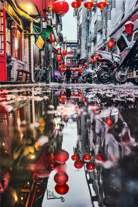 Ulica Kitajska četrt, ozadje mestne krajine ob jesenskem dežju, mestna pokrajina, fotografija navdiha potovanja