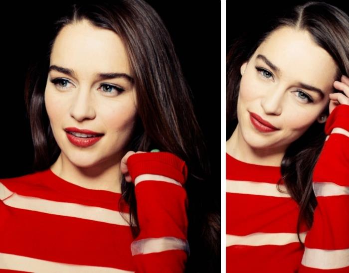 Emilia Clarke slavna pričeska in ličila, črtast model bluze v rdečem in prozornem odtenku