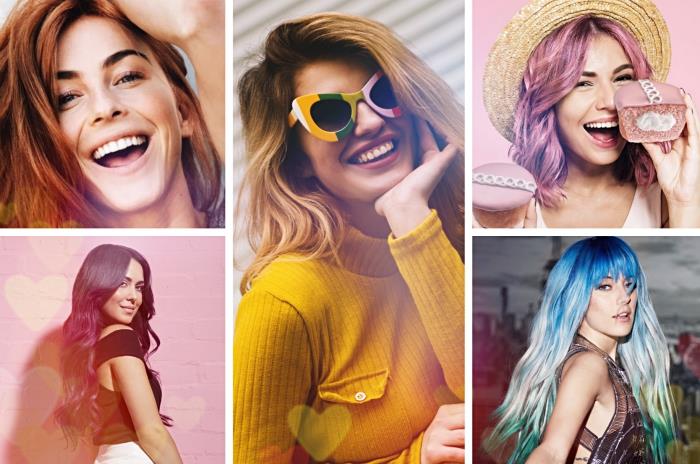 različne ideje za modno barvanje, barvne pramene na temnih laseh, blond ali karamelno balayage