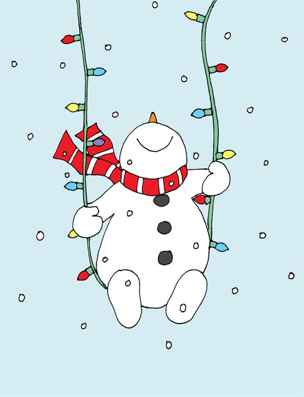 Hafif çelenk salıncakta kardan adam, Noel çizimini yeniden oluşturması kolay, çizimlerde tatilin sembolleri