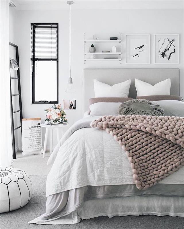 Şık daireniz için seçebileceğiniz modern yetişkin yatak odası beyaz ve siyah duvar masa dekoru İskandinav koza yatak odası dekoru