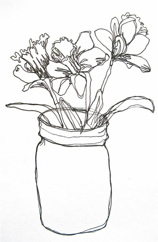 Güzel soyut siyah beyaz çizim siyah beyaz çizim manzara çizim vazo çiçeklerle bir satır