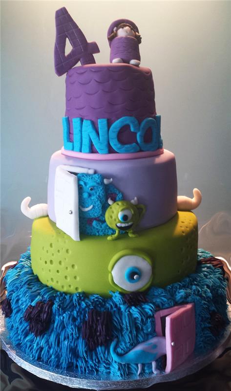 4 yaşındaki doğum günü için 4 katmanlı doğum günü pastası görüntüsü, canavarlar ve co ile komik sevimli hayvan doğum günü pastası