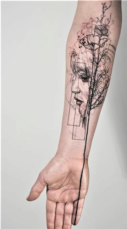 Sodobna tetovaža glave deklice s črto, ki se konča z rožo, tetovaža s prstnimi črtami, stiliziran in abstrakten dizajn, zamislite, katera tetovaža je zame najboljša