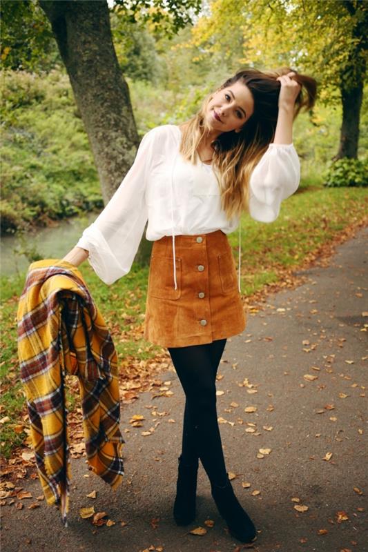 Mada kolegijoje kaip gerai apsirengti kolegijoje Zoella tinklaraštininkė idėja aksominis sijonas balti marškiniai