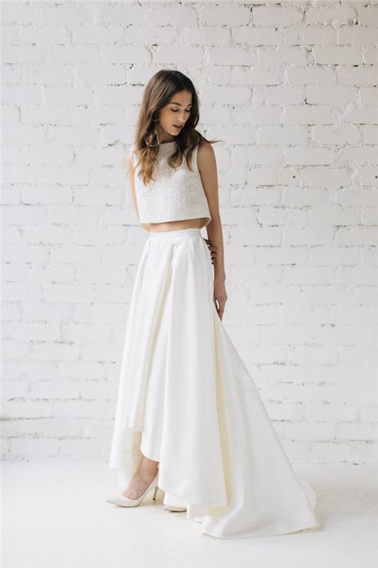 Gražiausia vestuvinė suknelė vestuvėms renkasi elegantišką bohemišką stilių iš dviejų dalių baltos suknelės ilgo sijono